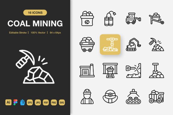 Coal Mining Outline Icons for Modern Visual Storytelling