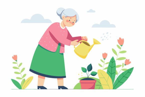 Lady Standing Near Flowers and Watering: Understanding This Illustration Style and Its Place in Design Projects